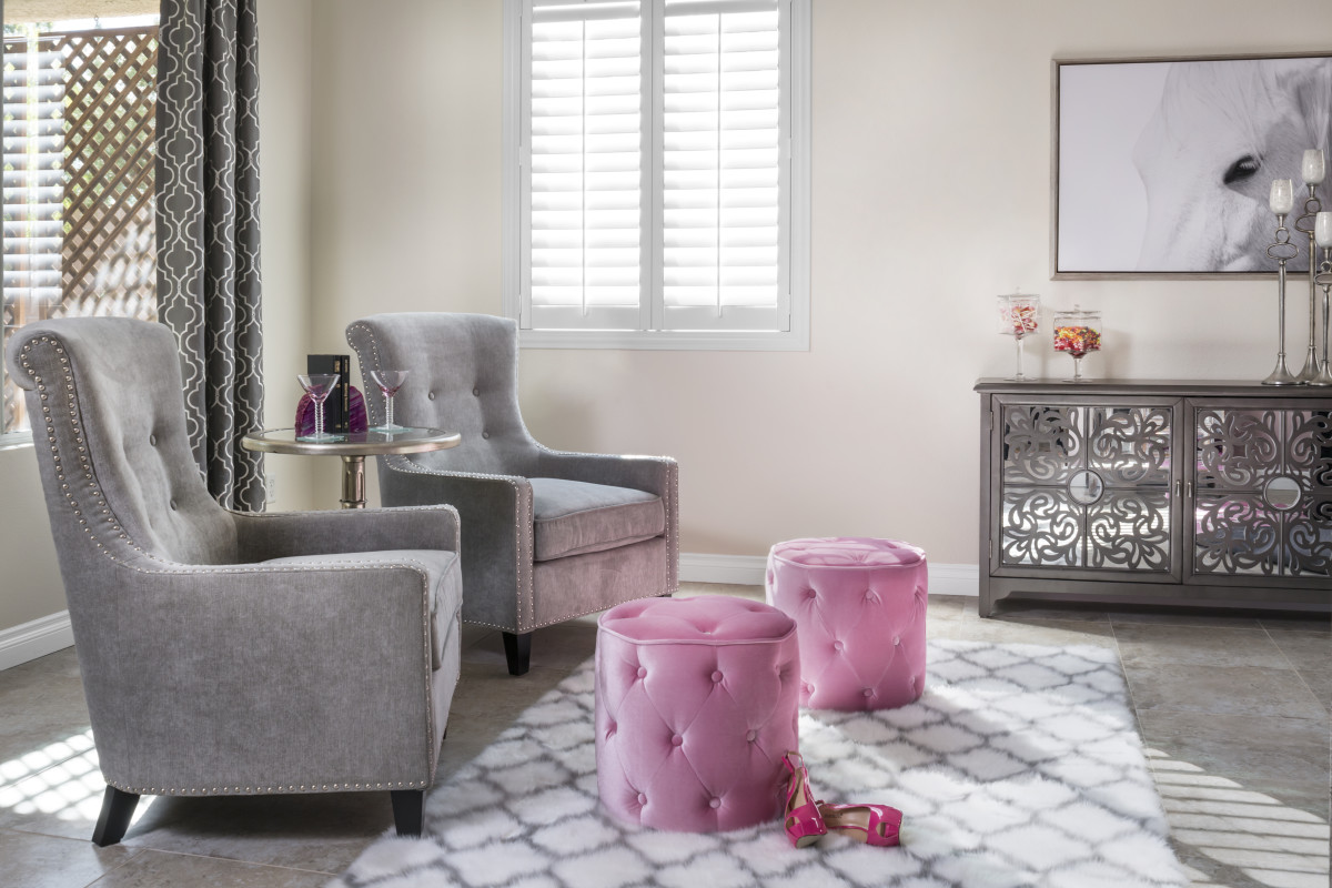 New York pink living room with shutters